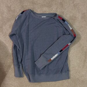 Sundry Women’s Heather Blue Crewneck Sweatshirt with Multicolor Sleeve Stripes